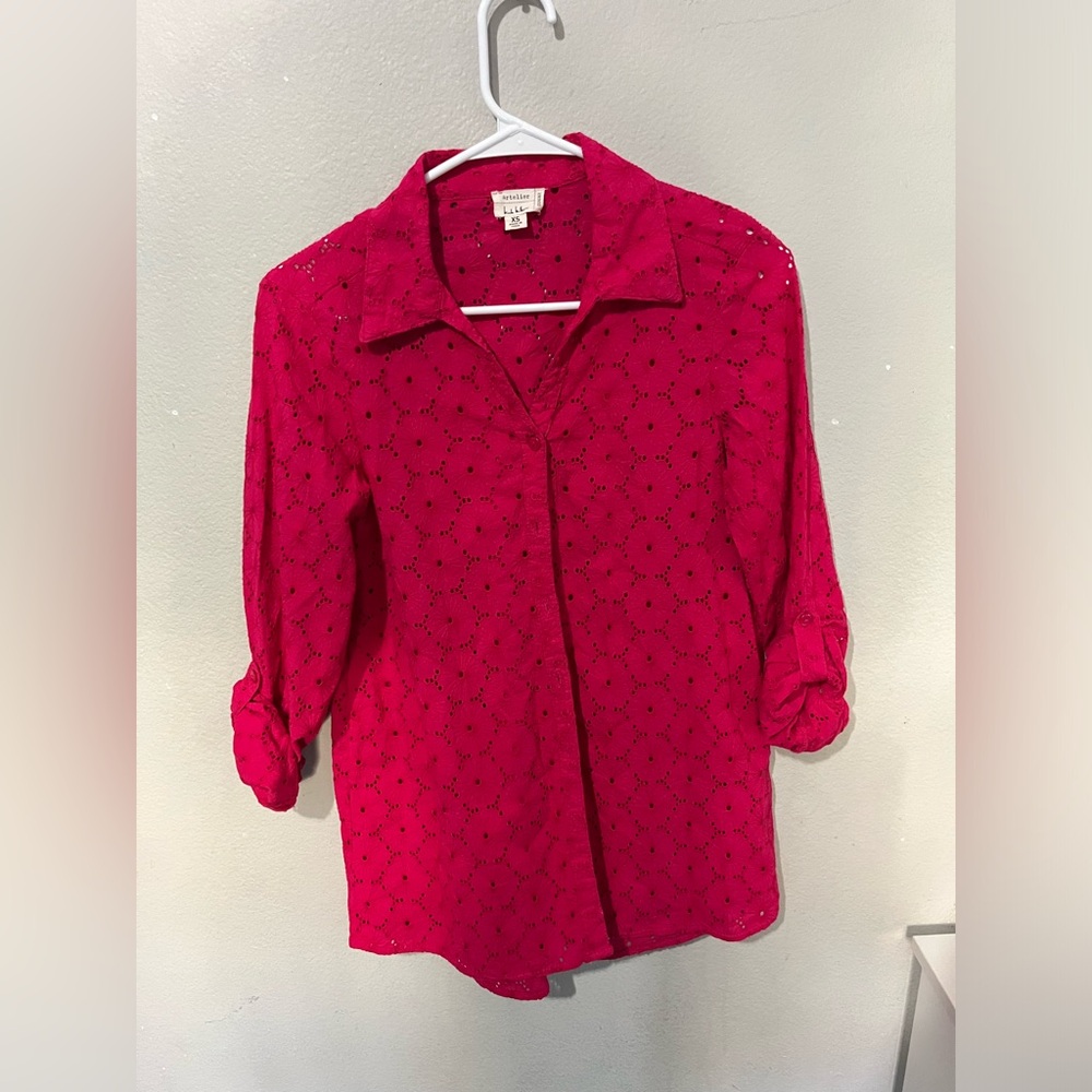 Nicole Miller Artelier Embroidered Peasant Blouse Women XS‎ Eyelet Pink Bohemian